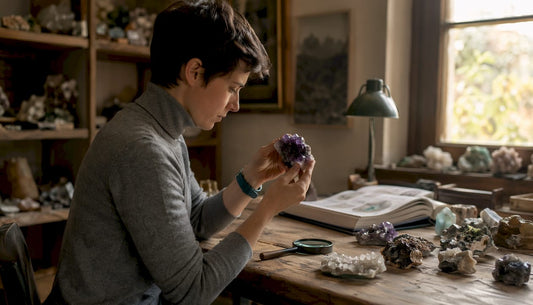 Researcher examining crystal specimens in lab