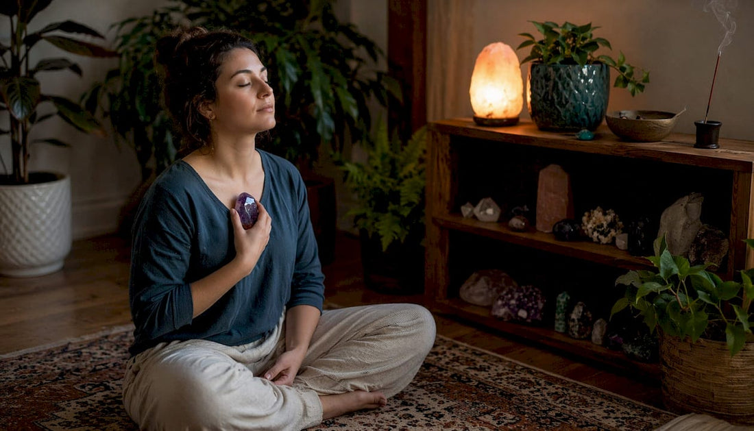Woman meditating with amethyst crystal indoors