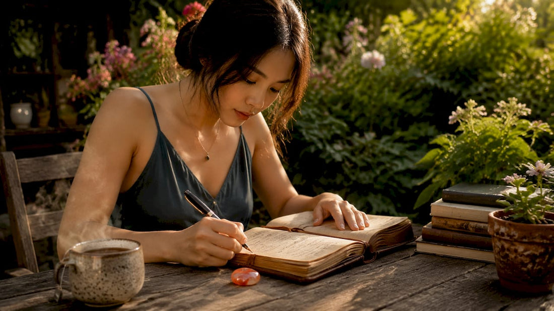 Woman journaling with crystals on desk