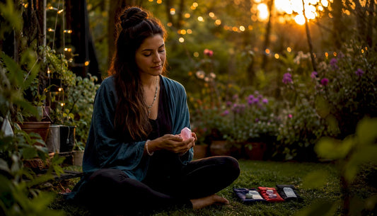 Woman meditating with rose quartz crystal
