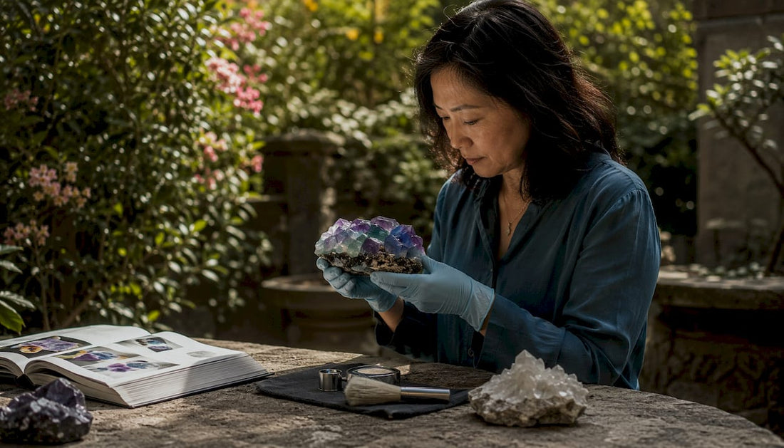 Collector examining Chinese fluorite specimen at desk