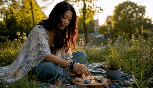 Woman arranging crystals for energy work