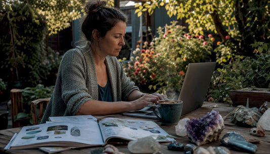 Canadian woman researching crystal sellers at home