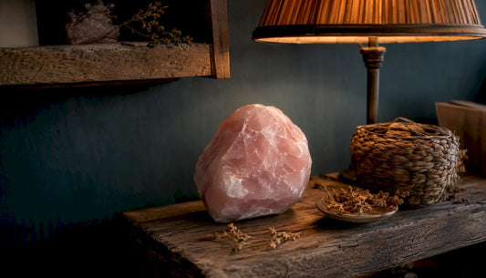 Amethyst crystal cluster on console table with warm lamp