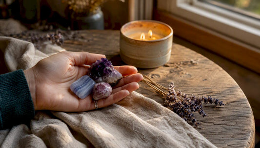 Hand holding calming crystals with candle and lavender