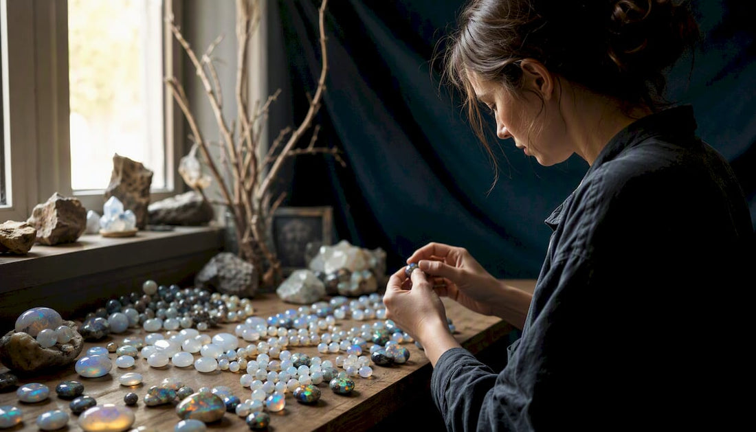 Polished opal and opalite stones side by side