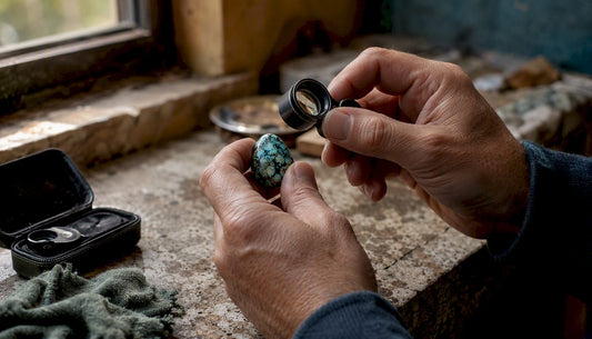 Hands inspecting turquoise stone under loupe