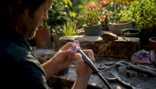 Hands carving a quartz crystal on wooden bench