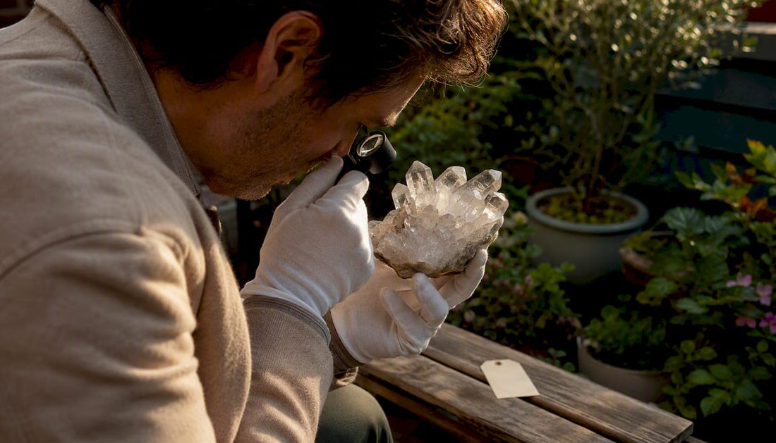 Collector inspecting quartz mineral under loupe