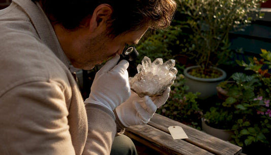 Collector inspecting quartz mineral under loupe