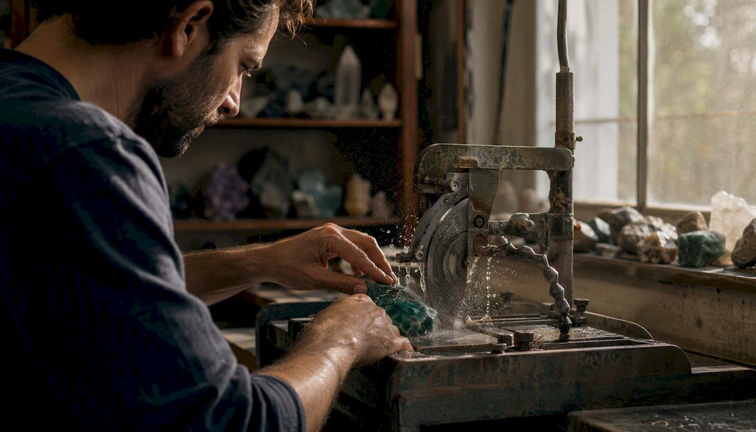 Close-up of malachite being cut on lapidary saw
