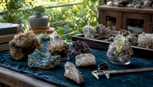 Collector's table with natural crystal specimens