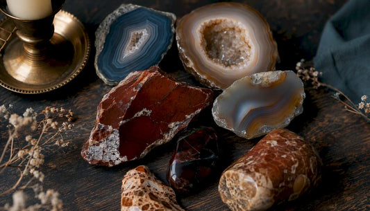 Close-up of agate and jasper stones showing translucency