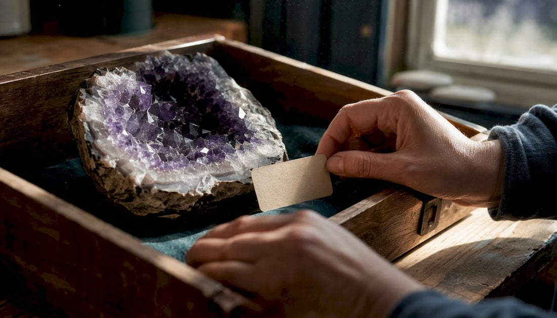 Hands placing mineral specimen label on display