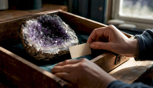Hands placing mineral specimen label on display