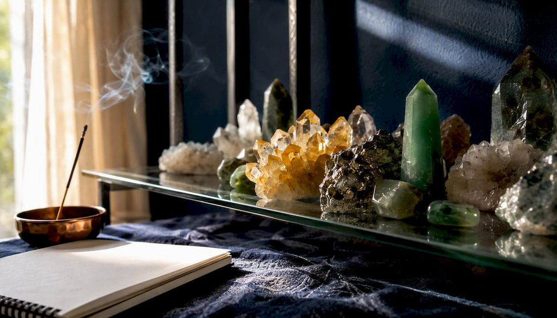 Arrangement of abundance crystals on tray with incense