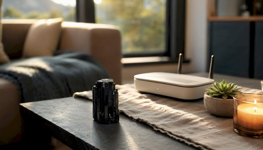 Shungite tower and black tourmaline at home desk