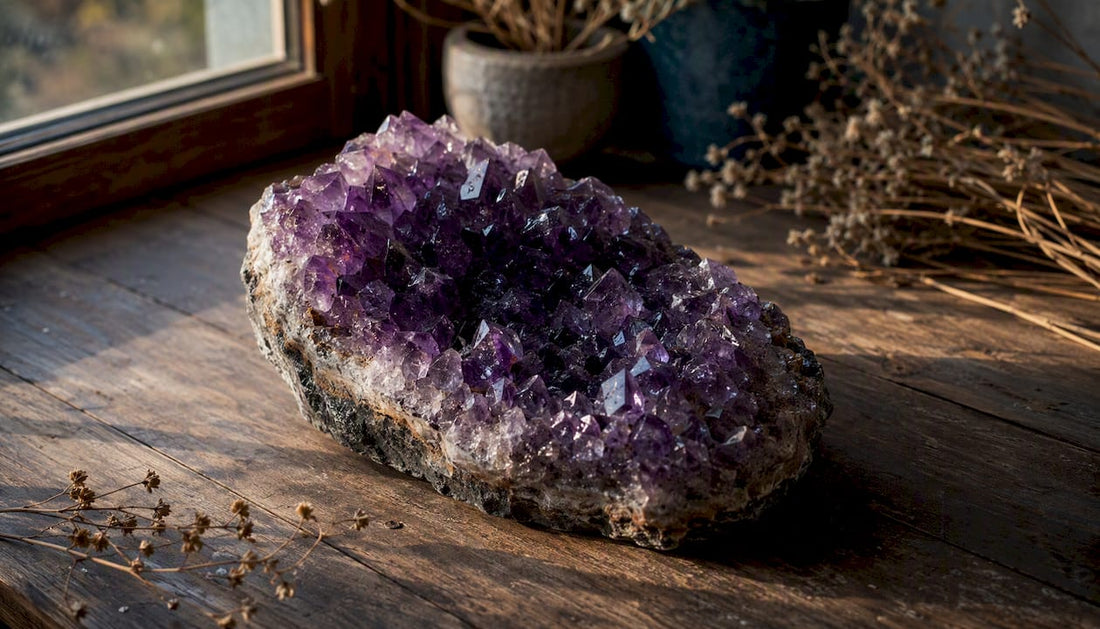 Natural purple amethyst crystal cluster close-up