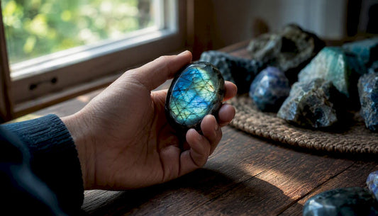 Polished labradorite stone showing flashes of blue and green