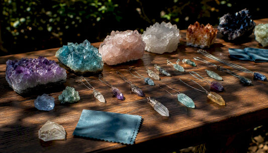 Raw crystals and polished crystal bracelets on table