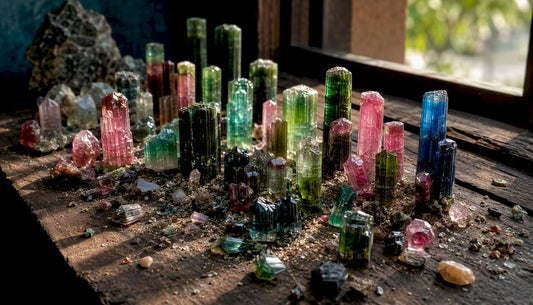 Colorful natural tourmaline crystal specimens