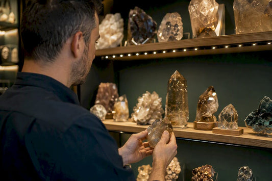 Mineral display with layered lighting showing sparkle and fluorescence