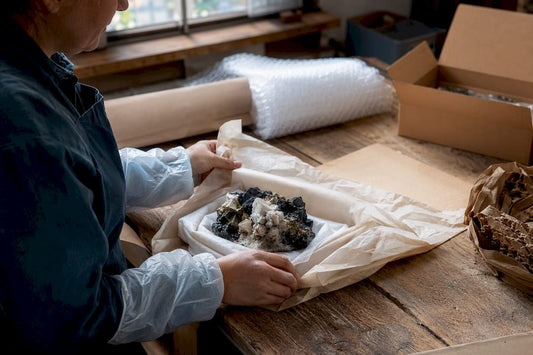 Hands wrapping mineral specimen with protective layers