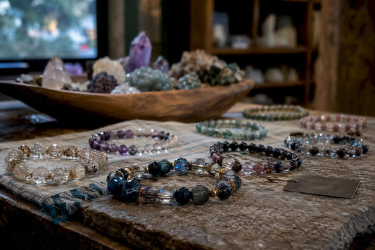 Assorted crystal bracelets arranged by price tier