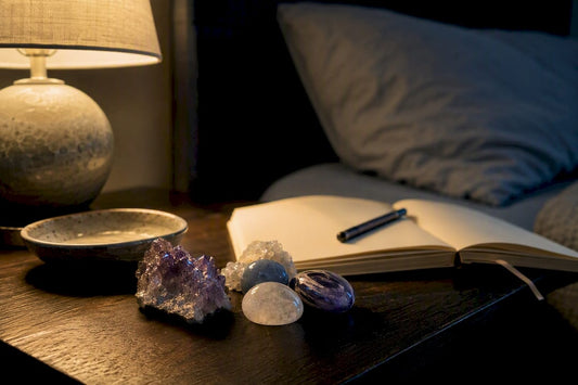 Calming sleep crystals on nightstand