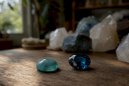 Close-up of cabochon and faceted gemstones side by side