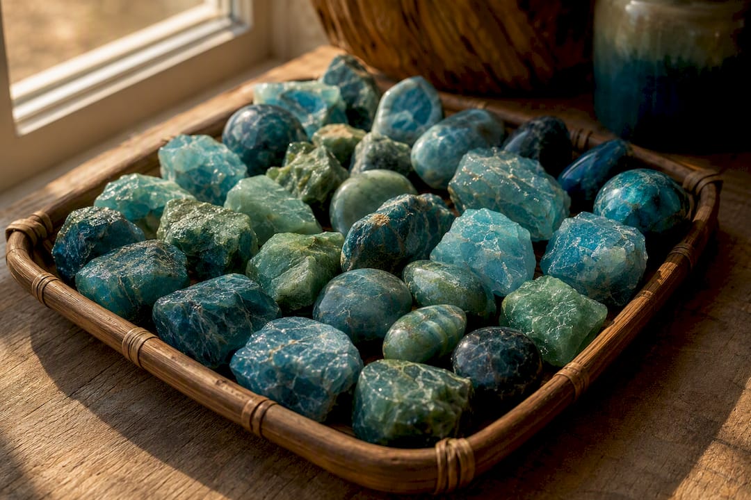 Assorted blue and green apatite stones on dark slate