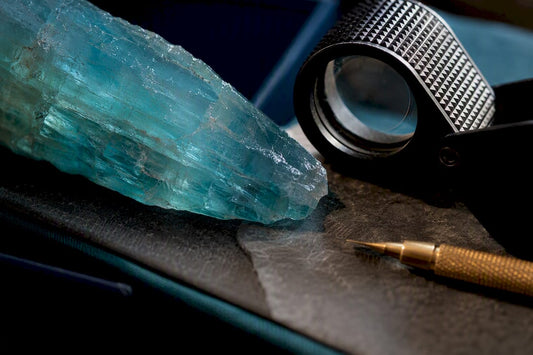 Cropped blue-green mineral edge under inspection