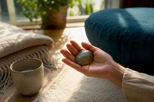 Hand holding palm stone during grounding ritual