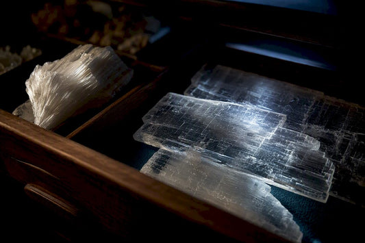 Tabular selenite crystal in archival lighting