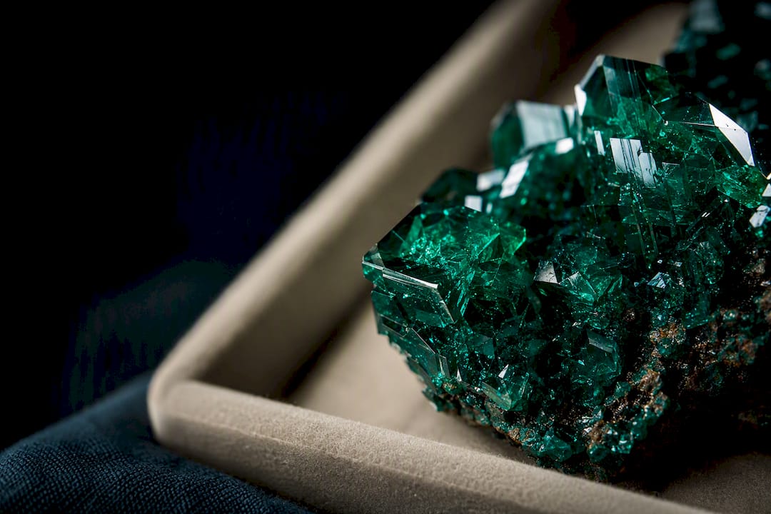 Close view of vivid green dioptase facets