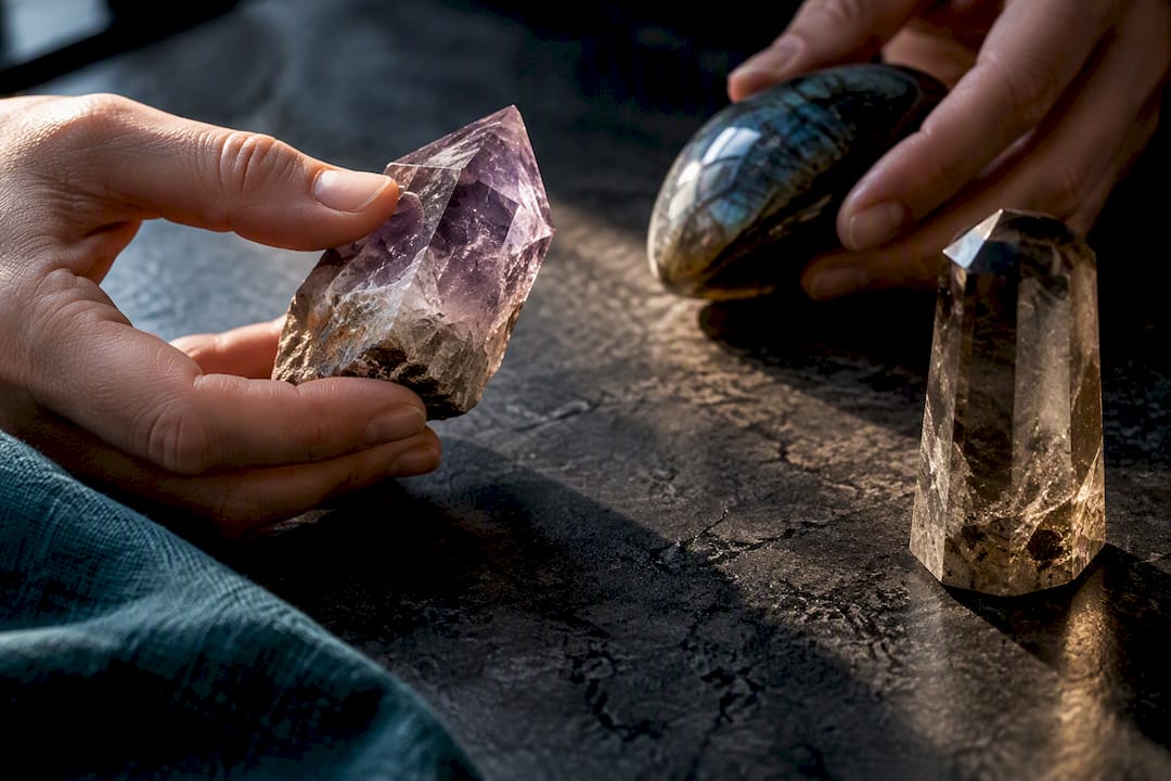 Partial crystal shapes on a stone surface