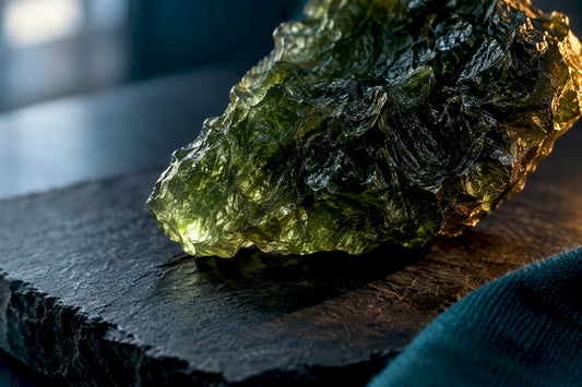Moldavite impact glass texture in dramatic light