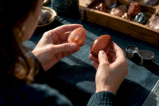 Hands comparing sunstone and goldstone under light