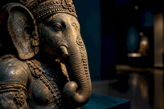 Museum display detail of Ganesha carving
