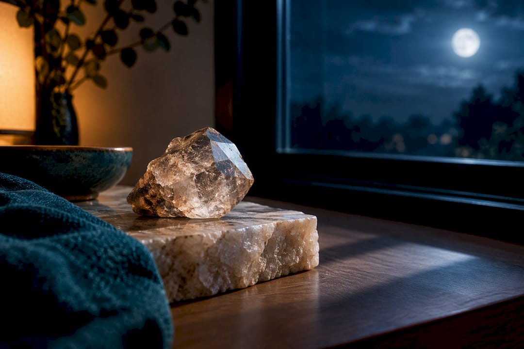Fragile crystal resting on nighttime charging surface