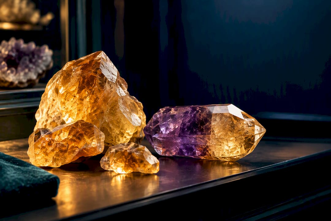 Golden citrine and purple ametrine crystal fragments