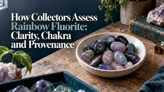 Rainbow fluorite specimen on collector workbench