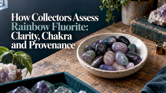 Rainbow fluorite specimen on collector workbench