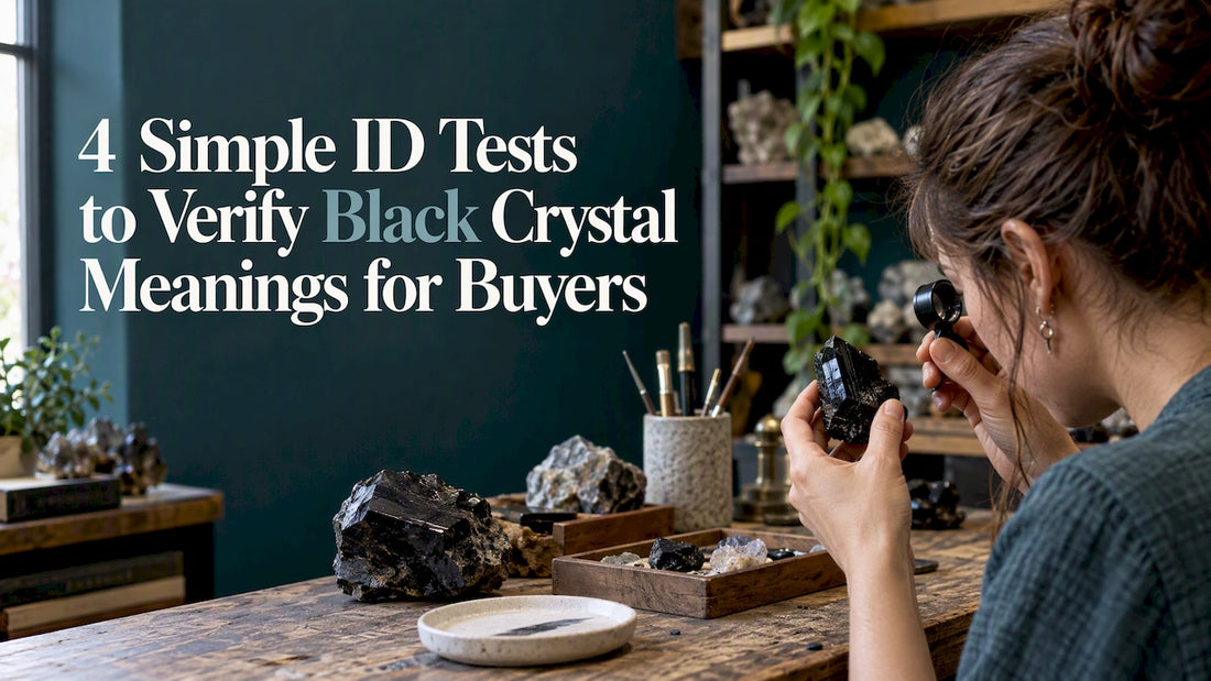 Buyer examining a black crystal with loupe