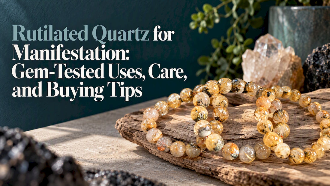 Golden rutilated quartz bracelet on teal surface