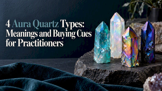 Four colorful aura quartz points on stone