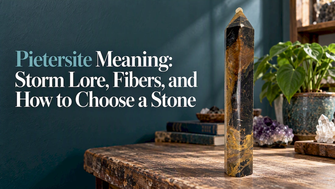 Polished pietersite tower on a mineral counter