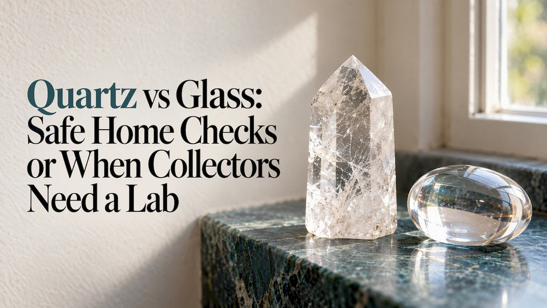 Clear quartz point beside a clear glass piece