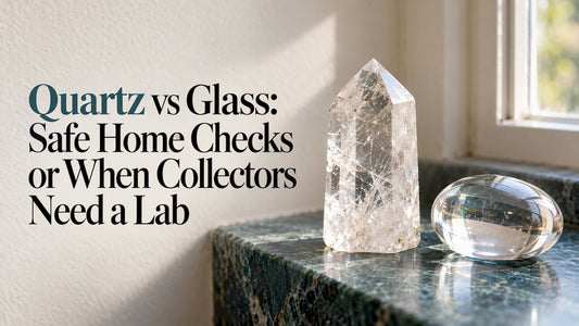 Clear quartz point beside a clear glass piece