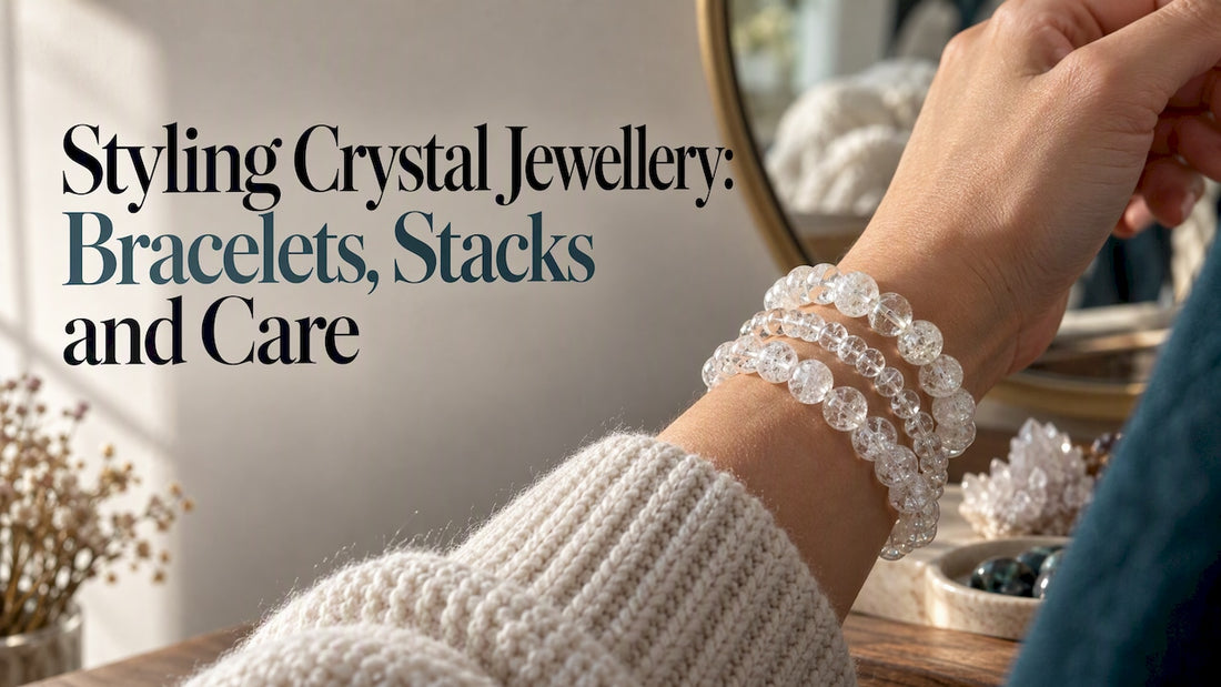 Crystal bracelets styled together on a wrist